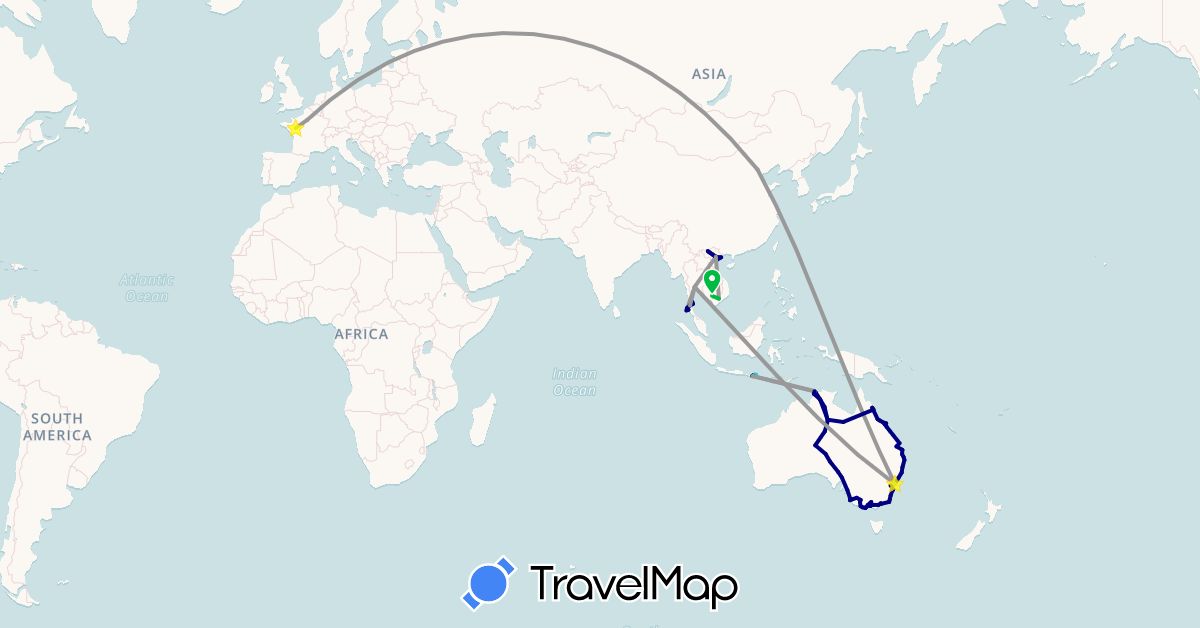 TravelMap itinerary: driving, bus, plane, train, boat in Australia, China, France, Indonesia, Cambodia, Thailand, Vietnam (Asia, Europe, Oceania)
